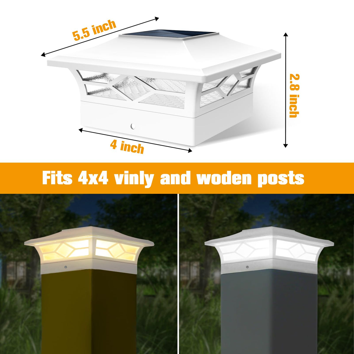 JOFIOS solar post cap light in warm white along a deck pathway