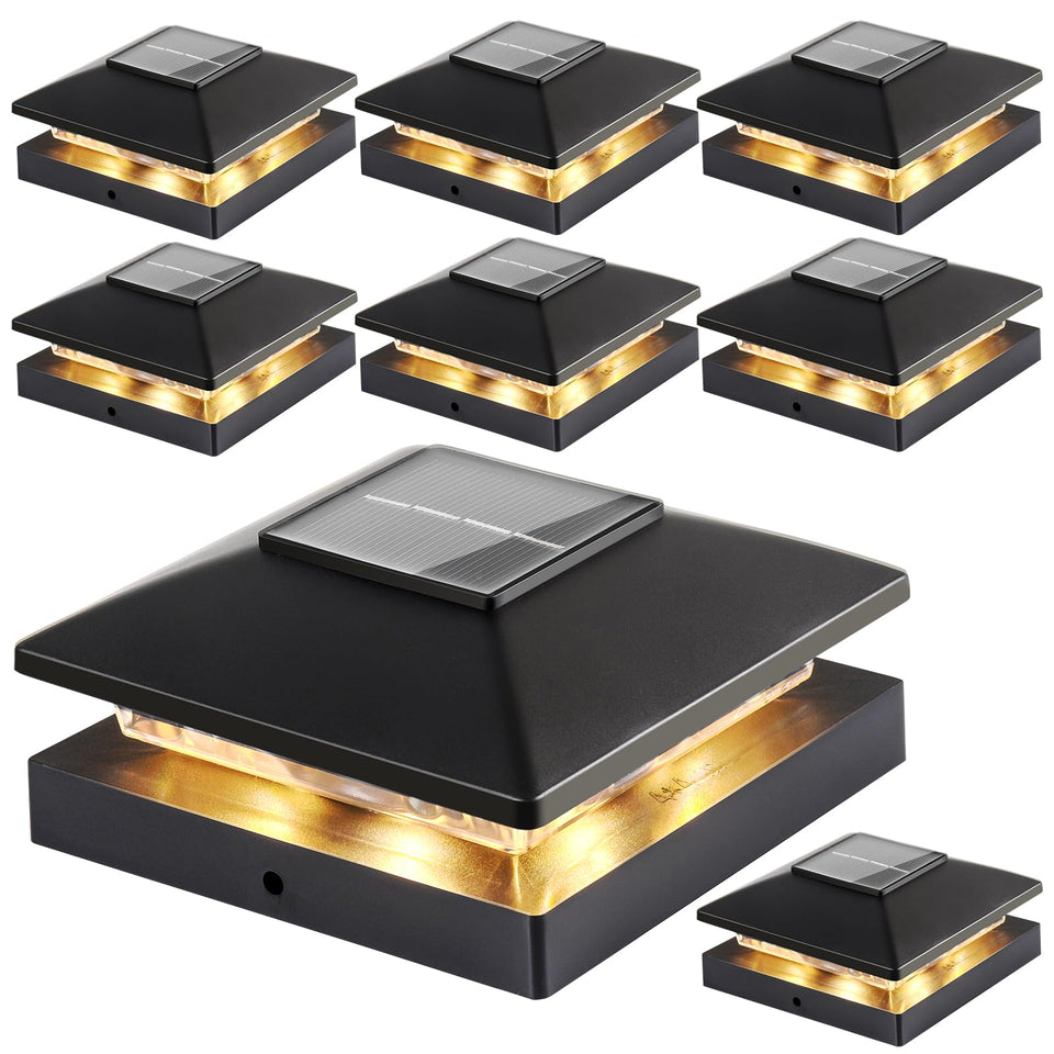 JOFIOS solar post cap lights front view with warm glow for outdoor spaces