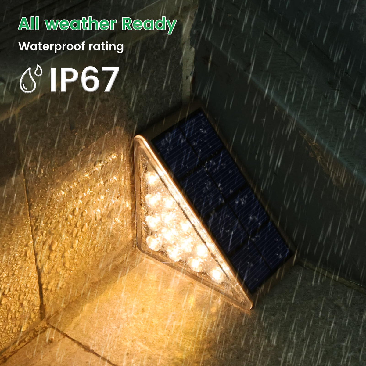 JOFIOS solar step light with IP67 rating resists rain and snow.