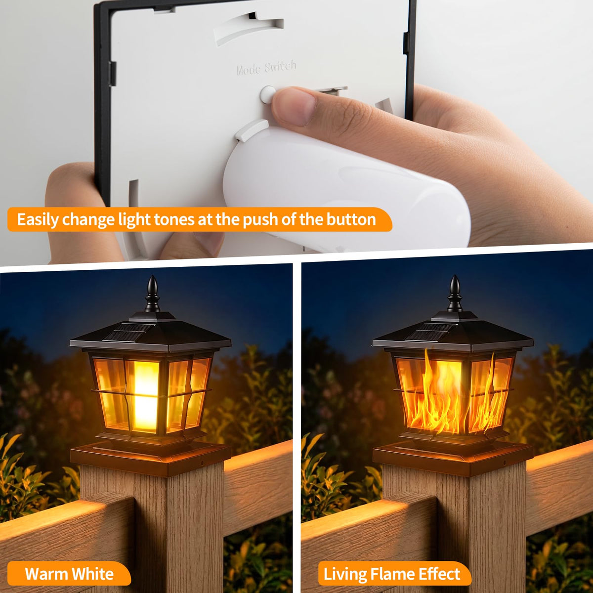 JOFIOS Solar Warm White Post Light in steady 2500K for subtle deck illumination.