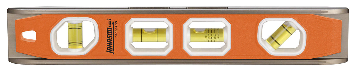 Johnson 1435-1200 magnetic torpedo level with 12-inch orange body for hands-free leveling