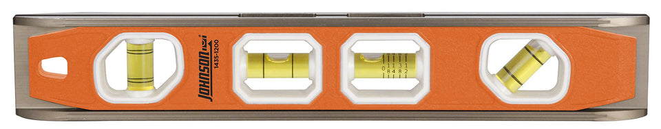 Johnson 1435-1200 magnetic torpedo level with 12-inch orange body for hands-free leveling