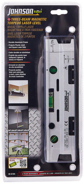 Johnson 40-6184 magnetic torpedo laser level on workbench for precise alignment