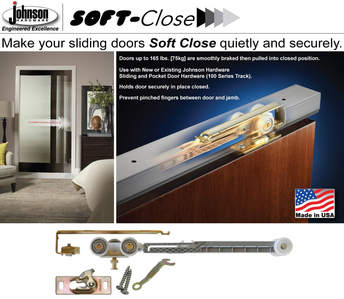 Johnson Hardware 1060 pocket-door setup with soft-close for quiet use.