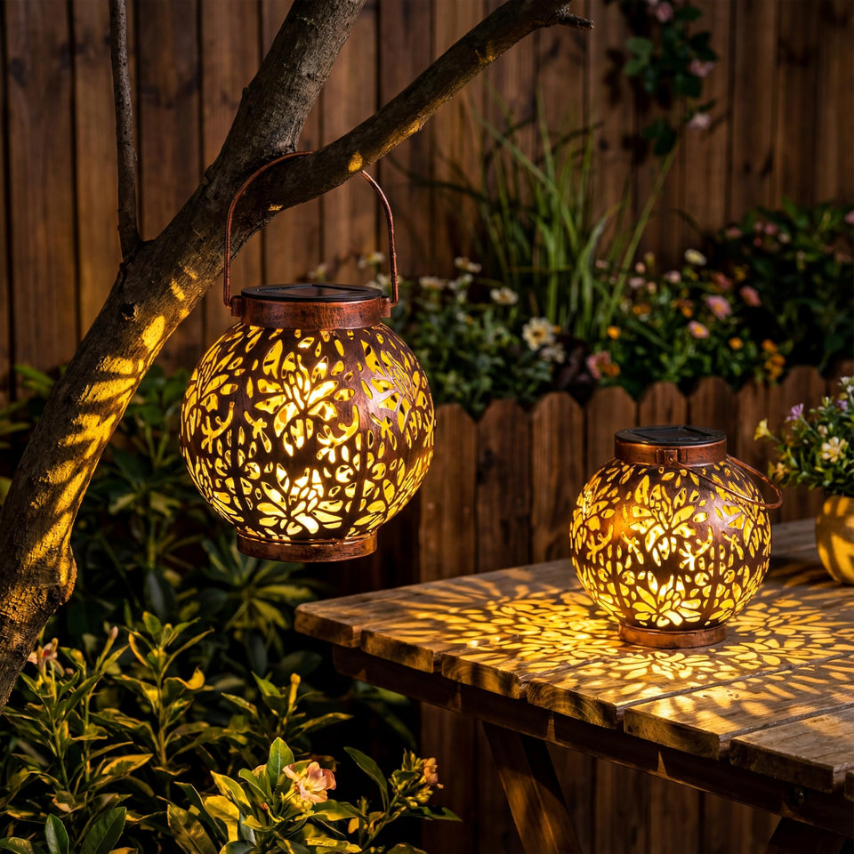 Joiedomi 2-pack outdoor solar hanging lanterns illuminate with lily pattern for evenings