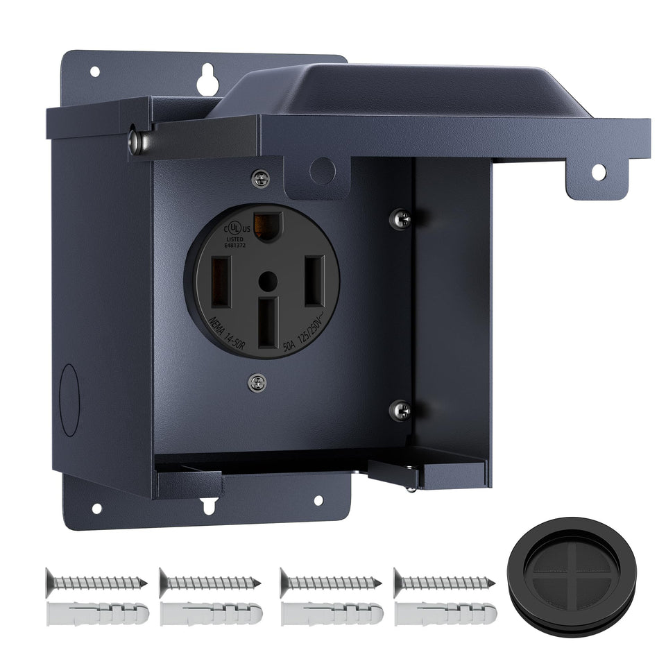 Joinfworld 50 Amp RV outlet box front view demonstrating rugged outdoor housing