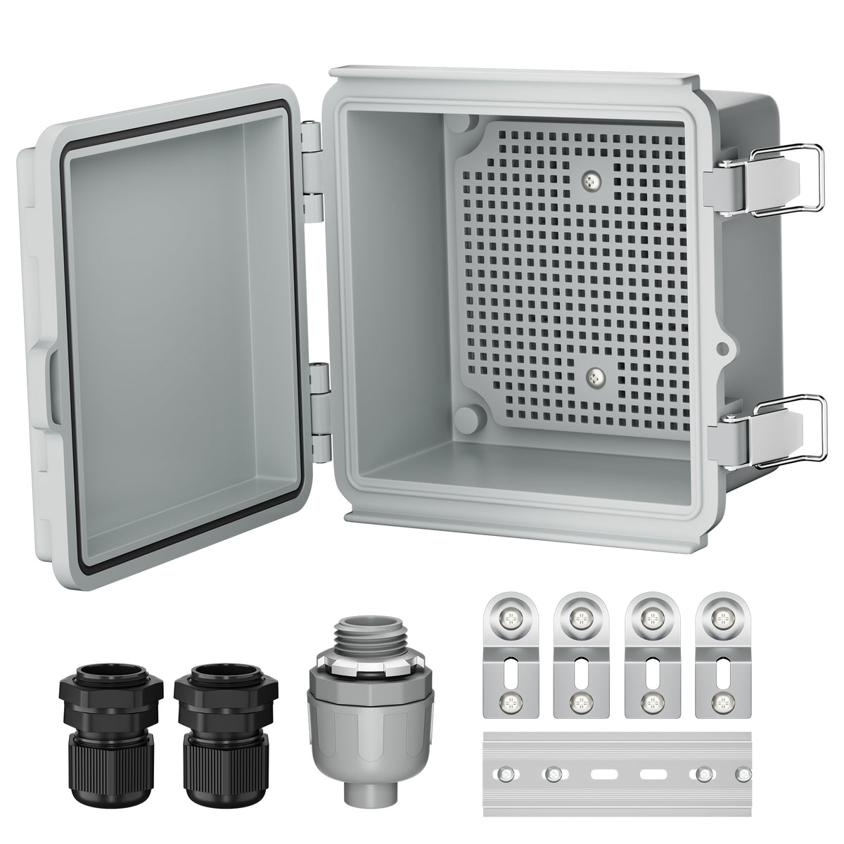 Joinfworld outdoor IP67 box front view demonstrating weatherproof enclosure for outdoor WiFi and solar setups