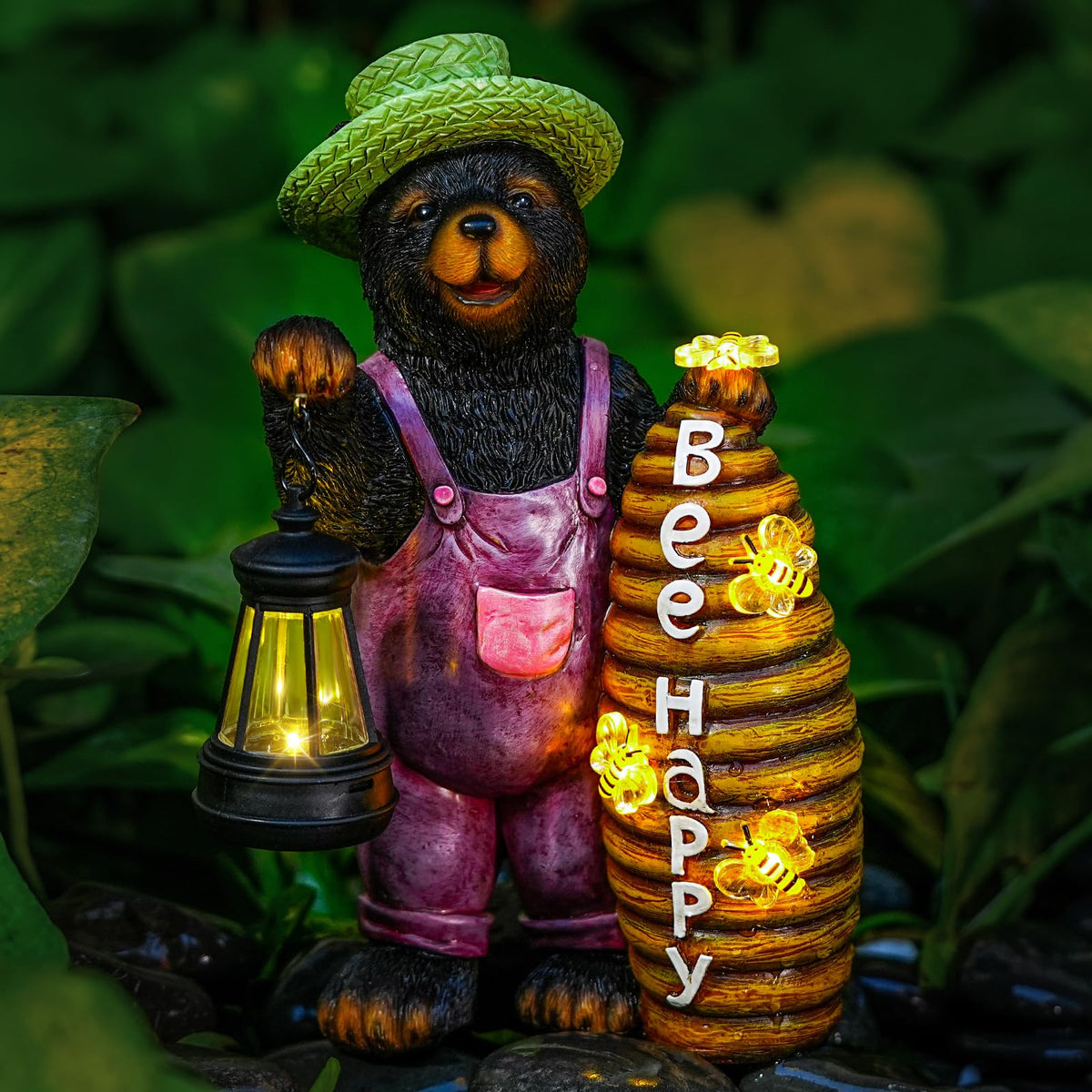 Joint Honglin bear with lantern and beehive adds cozy outdoor charm.