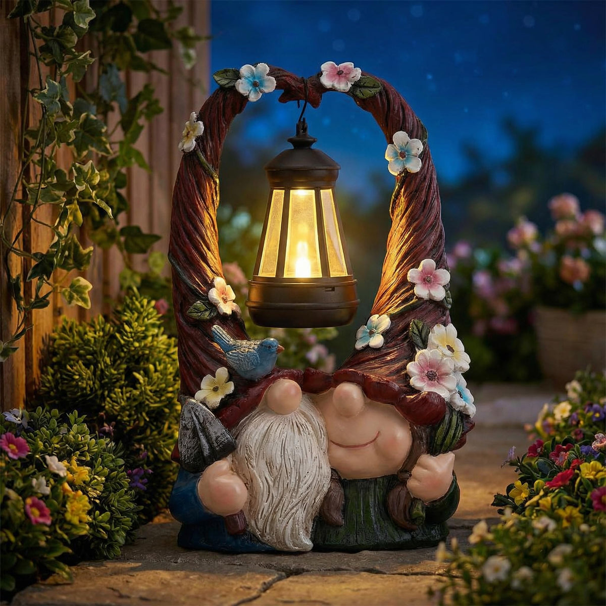 Joint Honglin garden gnome figures enhance yard charm day and night.