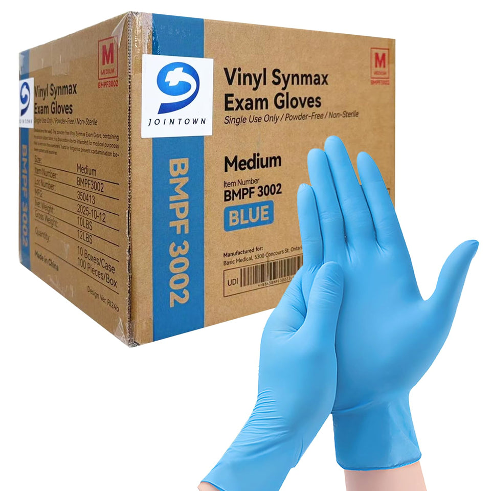 Jointown Basic Vinyl Exam Gloves blue box packaging for bulk storage
