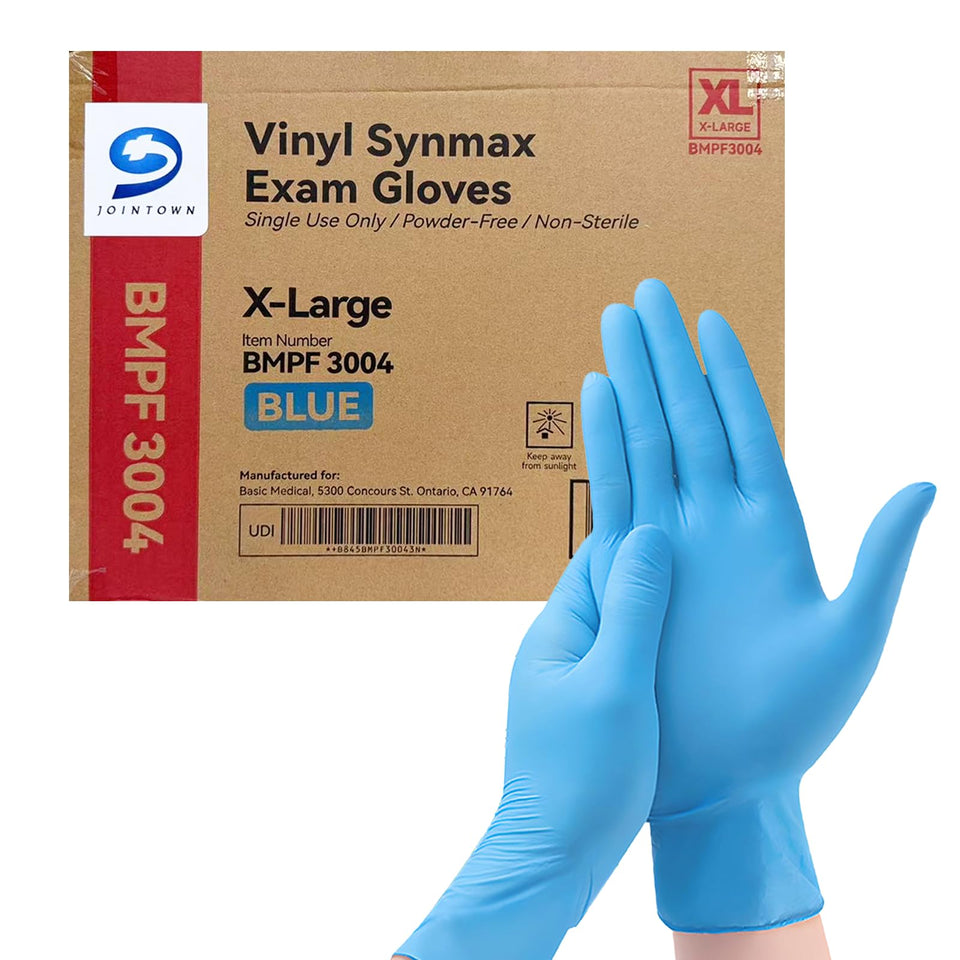 Jointown Synmax vinyl exam gloves in blue with roll cuff for easy removal.