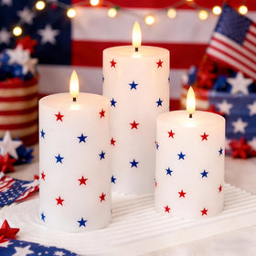 JOIONE patriotic flameless pillar candles in a 3-pack offer safe ambient light for 4th of July decor.