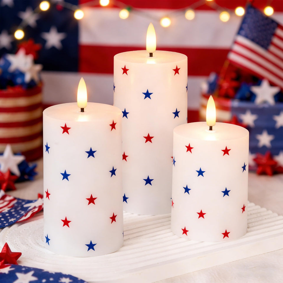 JOIONE patriotic flameless pillar candles in a 3-pack offer safe ambient light for 4th of July decor.