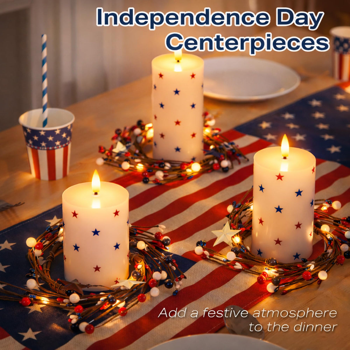 JOIONE pillar candles in 3x4, 3x5, and 3x6 sizes create layered centerpieces.