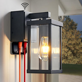 JOKAONOTL porch light with GFCI outlet powers outdoor cameras and tools outdoors.