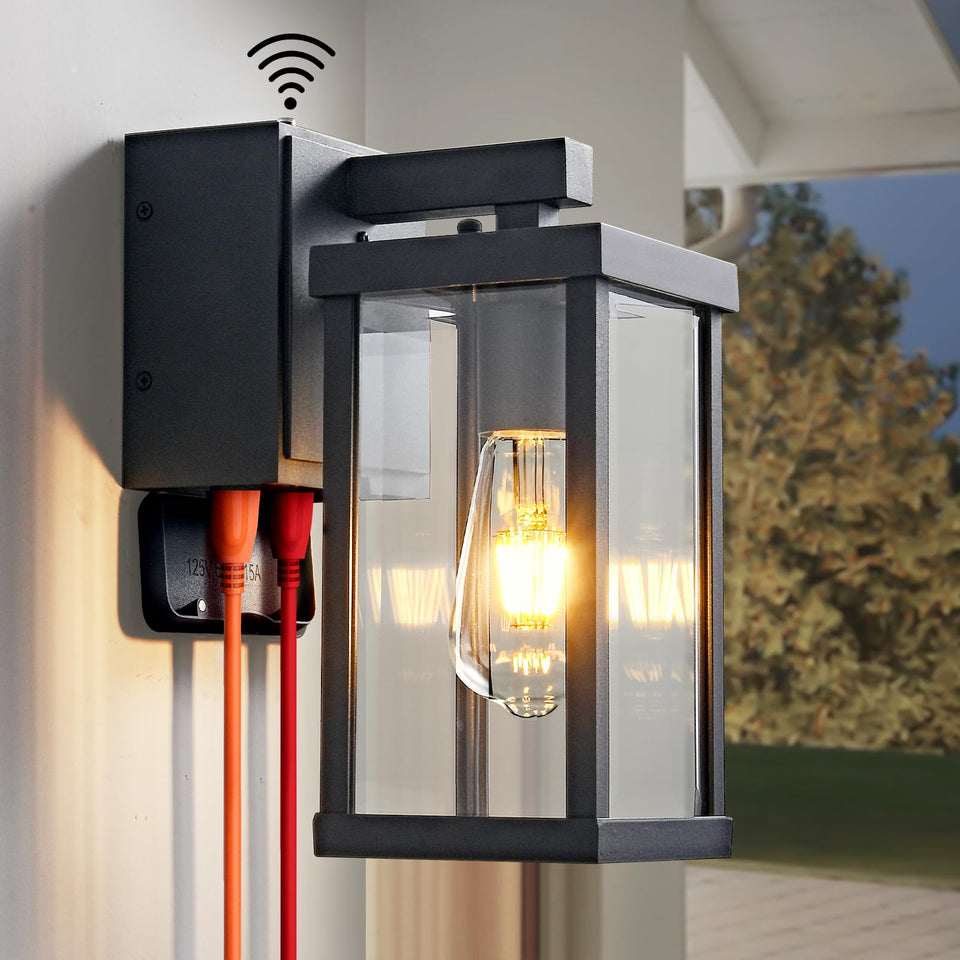 JOKAONOTL porch light with GFCI outlet powers outdoor cameras and tools outdoors.
