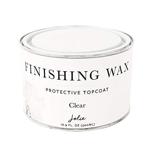 Jolie Clear Finishing Wax bottle close-up shows odor-free furniture protection.