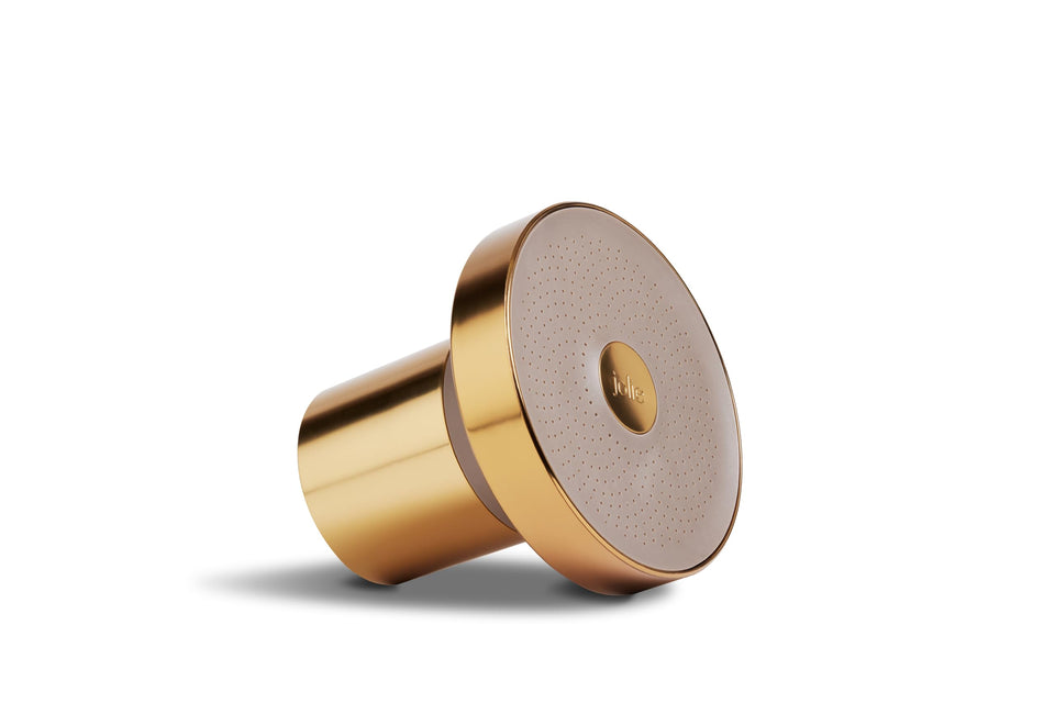 Jolie Filtered Showerhead gold front view improves water quality for healthier hair