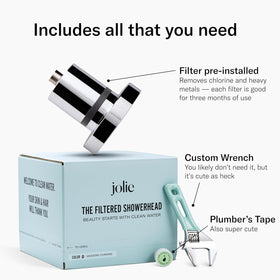 Jolie Filtered Showerhead retail packaging with chrome finish and product details.