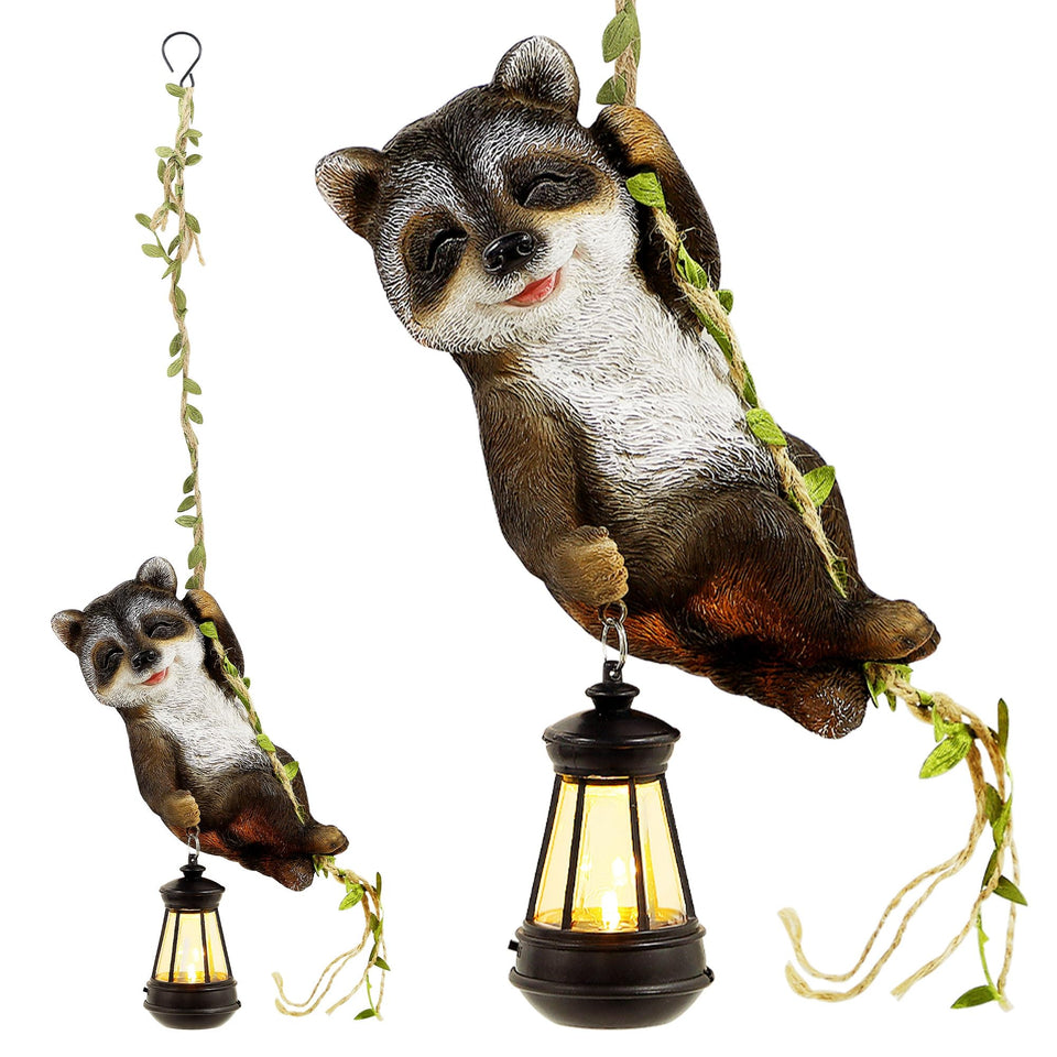 Joliyoou solar raccoon on vine lantern lights pathways with warm glow