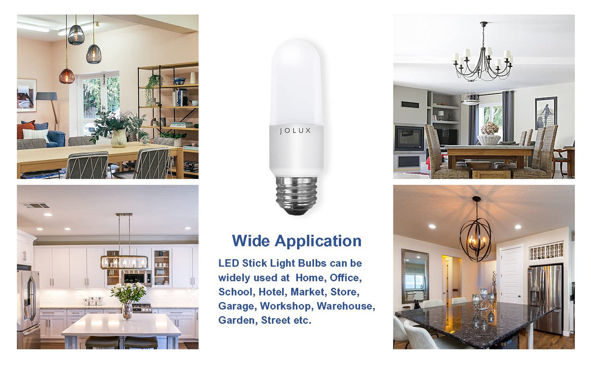 Jolux LED Stick Light Bulbs with E26 base illustrating universal socket fit