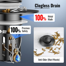 JOMSTHOME adjustable sealing system shown fitting multiple drain sizes with universal range.