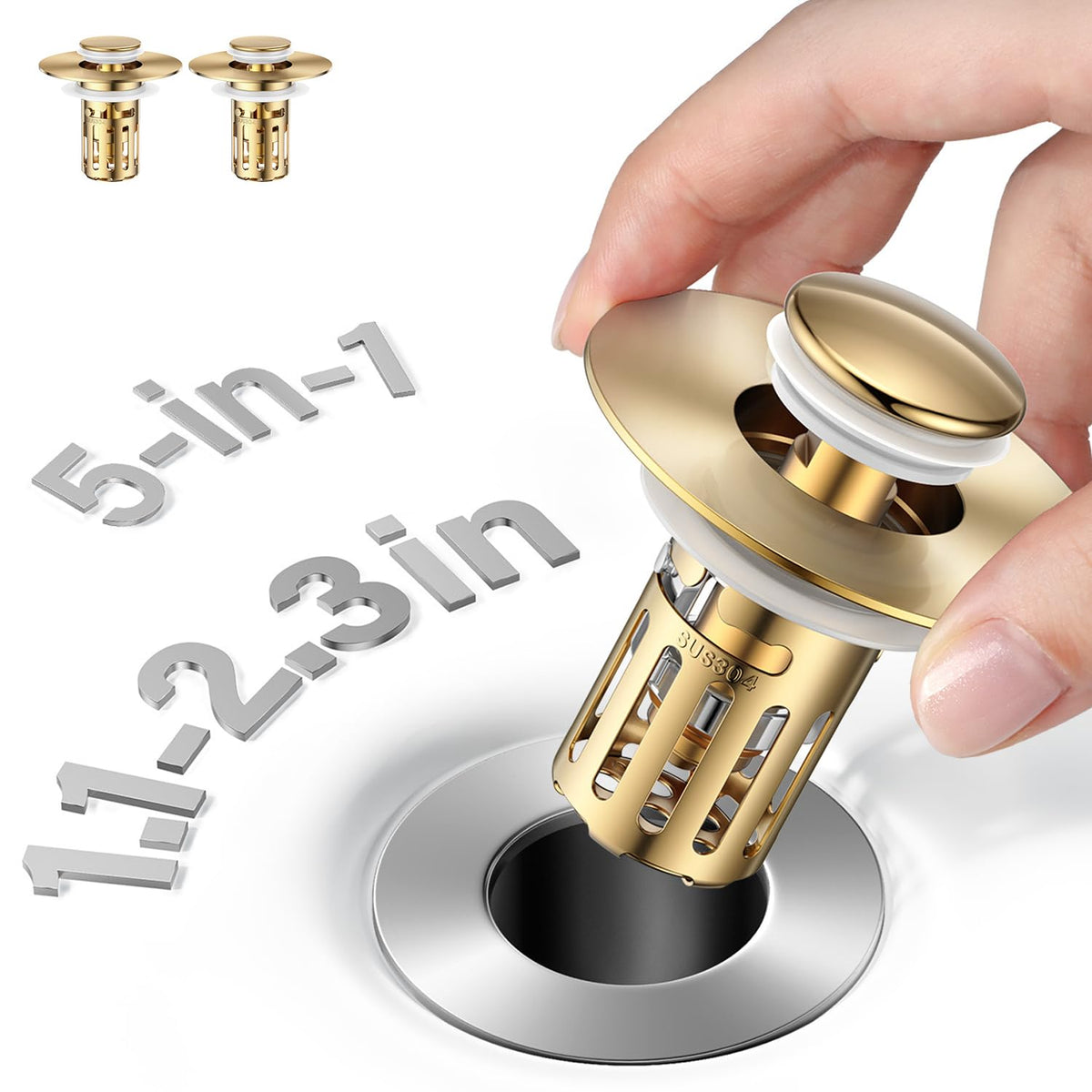 JOMSTHOME golden bathroom sink stopper with universal fit for most basins.