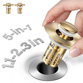 JOMSTHOME golden bathroom sink stopper with universal fit for most basins.