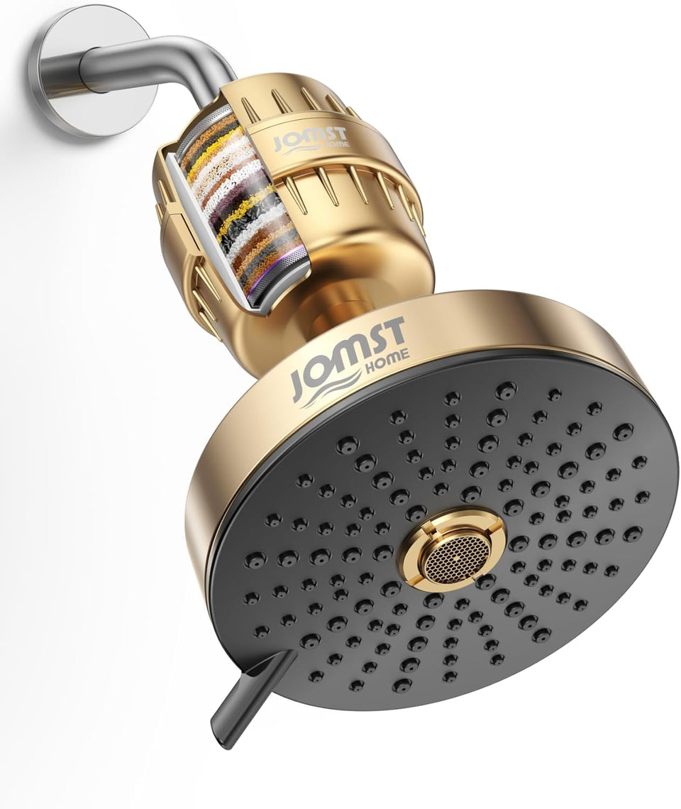 JOMSTHOME filtered shower head combo with gold finish improves water quality