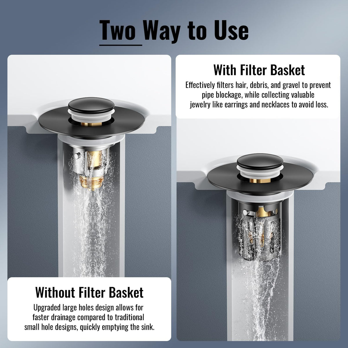 JOMSTHOME removable hair catcher demonstrates debris trapping before reaching pipes.