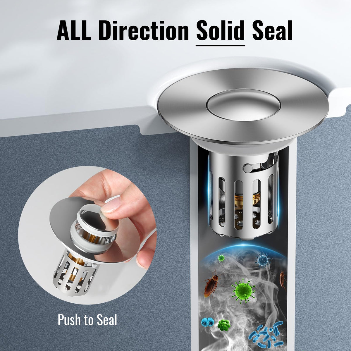 JOMSTHOME stainless filter blocks hair and residue before entering pipes.