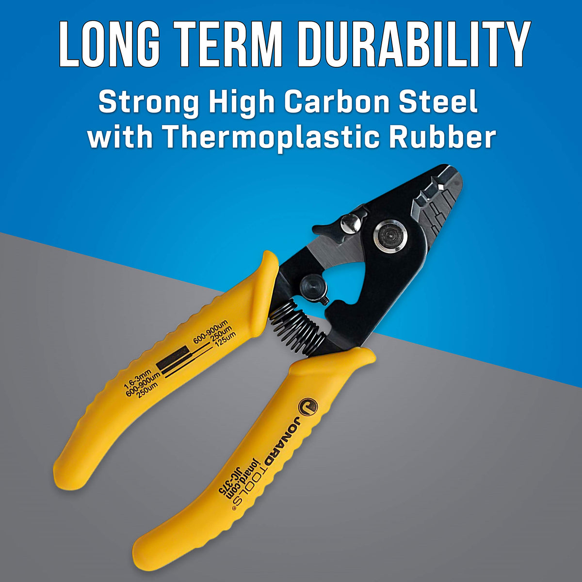 Jonard Tools JIC-375 angled jaw guides fiber to prevent nicks during stripping.