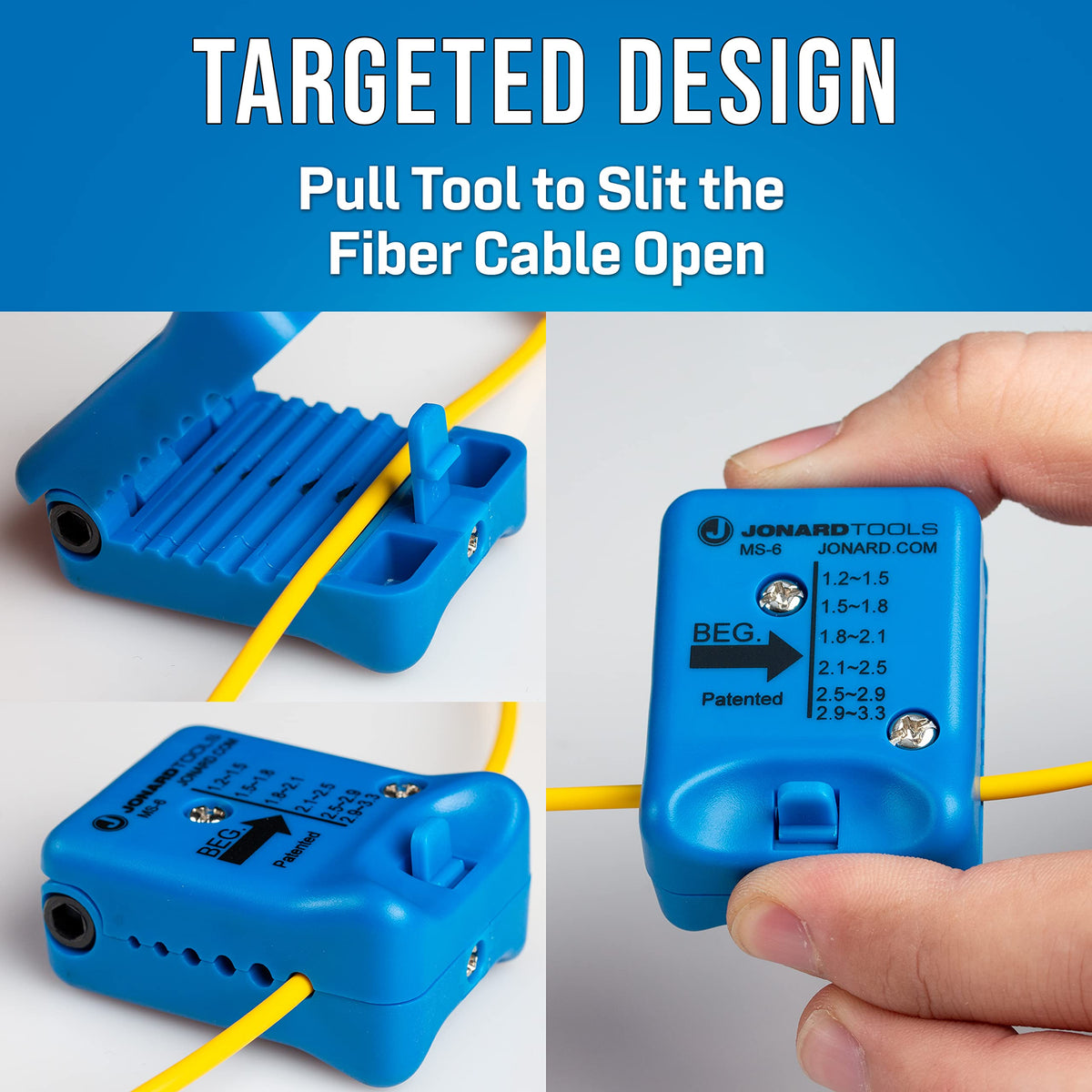 Jonard Tools MS-6 precision grooves show 1.2–3.3 mm compatibility for safe fiber access.