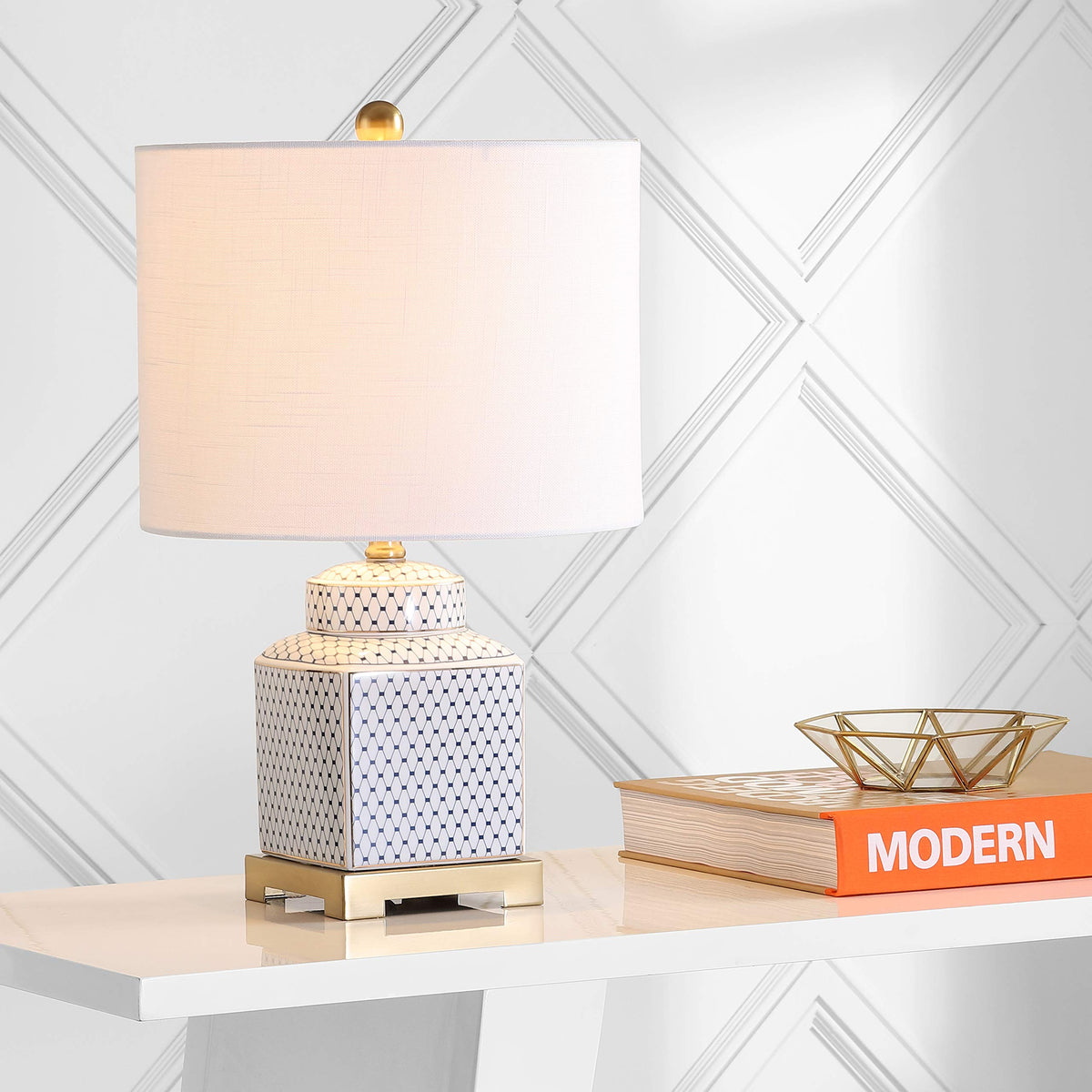 Close-up of the linen shade on the JONATHAN Y lamp highlighting soft diffusion.