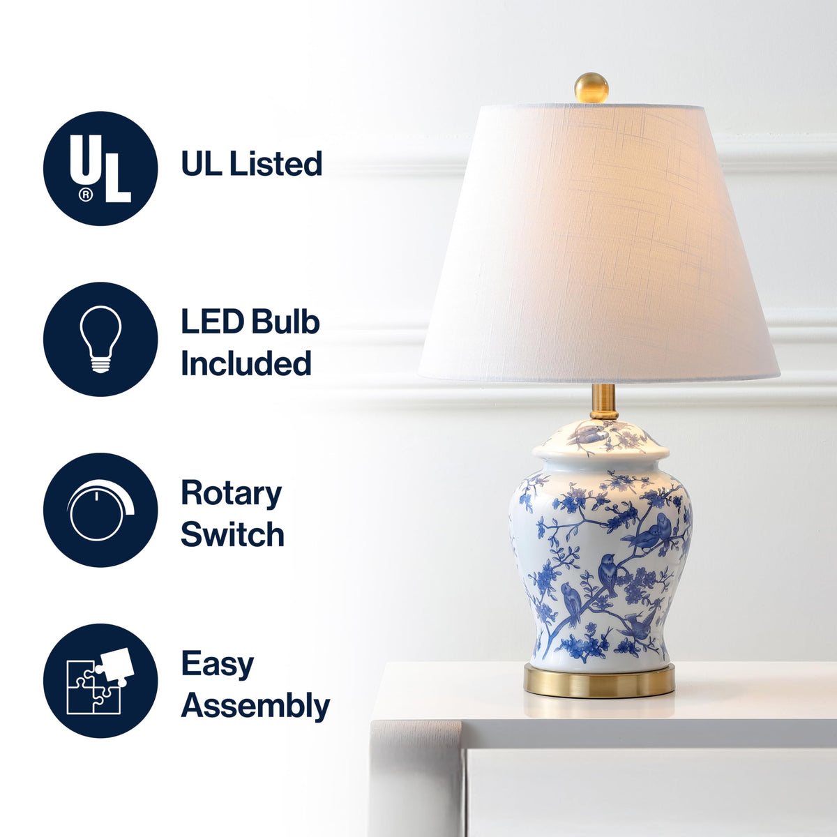 Jonathan Y antiqued brass ornamentation details enhance the lamp's refined vintage appeal.
