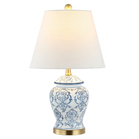 The JONATHAN Y blue-white chinoiserie ceramic urn lamp base features hand-painted detail for refined living spaces.