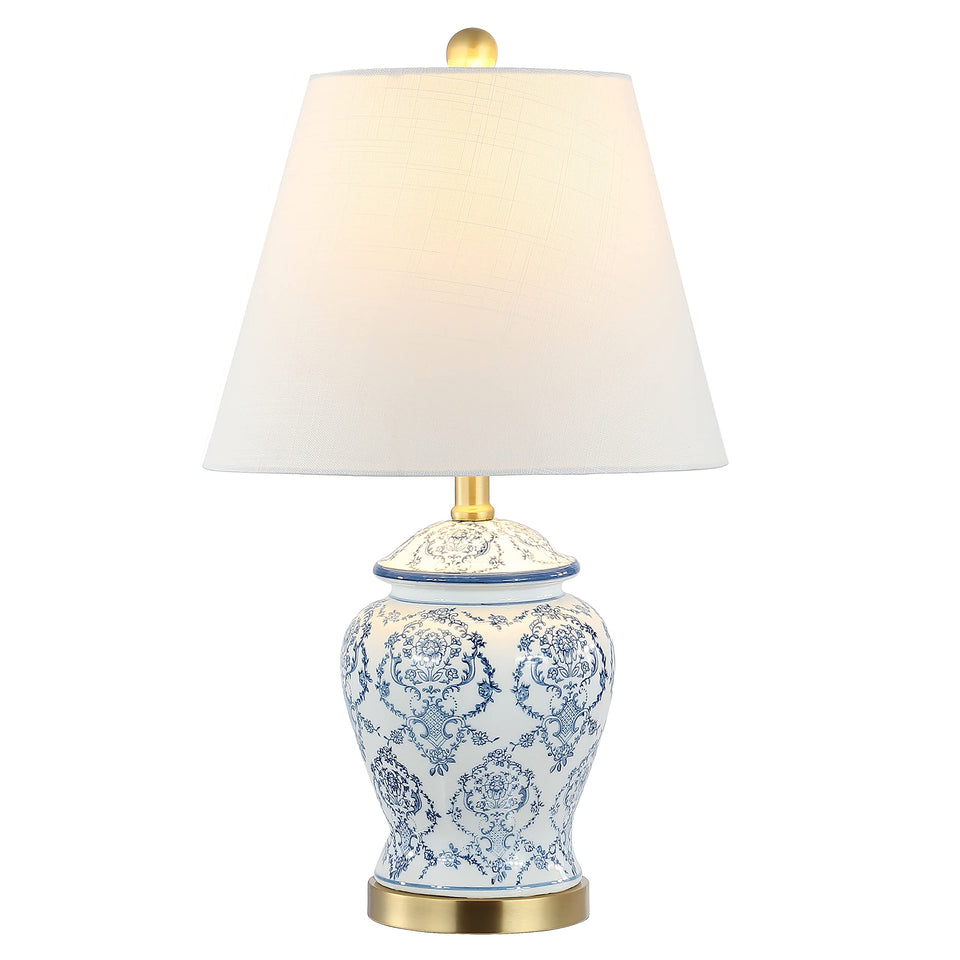The JONATHAN Y blue-white chinoiserie ceramic urn lamp base features hand-painted detail for refined living spaces.