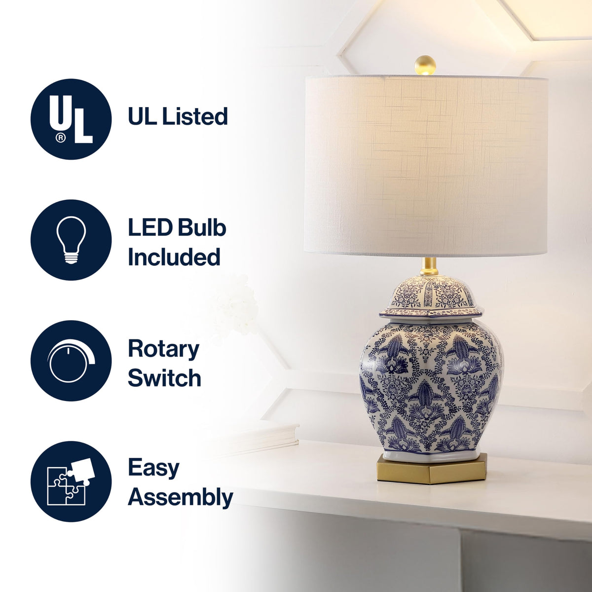 JONATHAN Y blue and white ginger jar lamp complements classic damask decor.