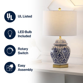 JONATHAN Y blue and white ginger jar lamp complements classic damask decor.