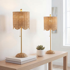 JONATHAN Y rattan shade close-up showing scalloped edge texture.
