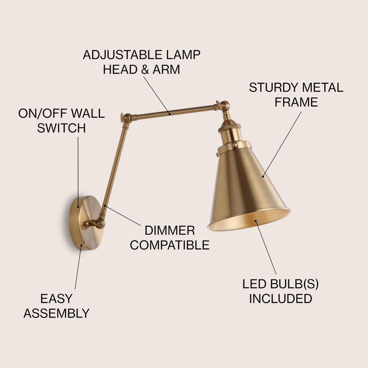 JONATHAN Y brass wall sconce with metal shade for focused task lighting