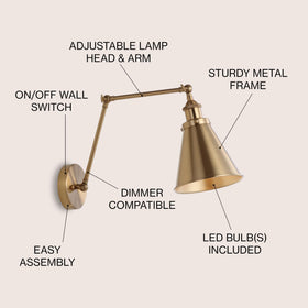JONATHAN Y brass wall sconce with metal shade for focused task lighting