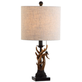 JONATHAN Y brown rustic antler table lamp with gray linen shade for cozy cabin vibes.