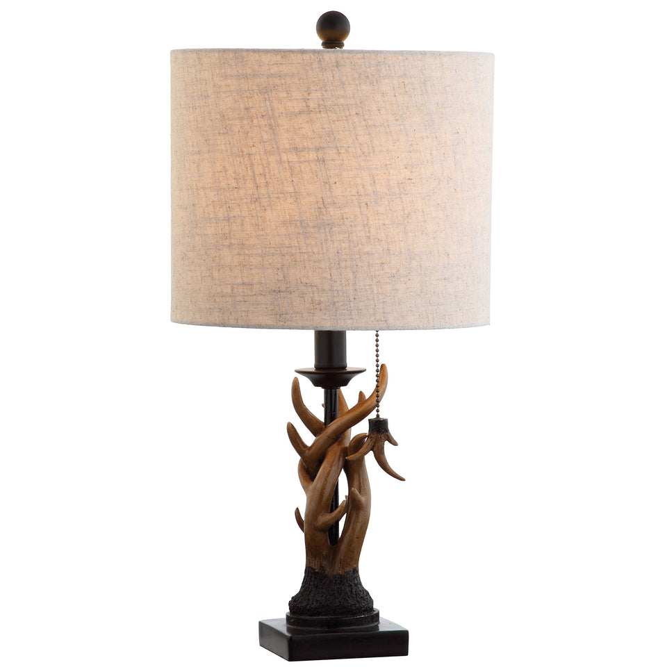 JONATHAN Y brown rustic antler table lamp with gray linen shade for cozy cabin vibes.
