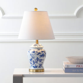 Jonathan Y chinoiserie ginger jar base adds traditional charm to bedroom lighting.