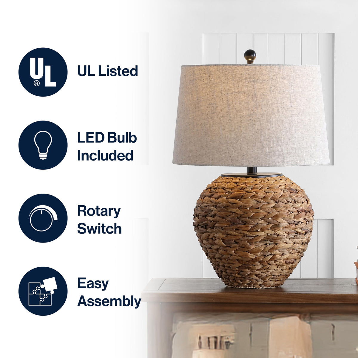 JONATHAN Y flax-toned linen drum shade complements soft ambient lighting.