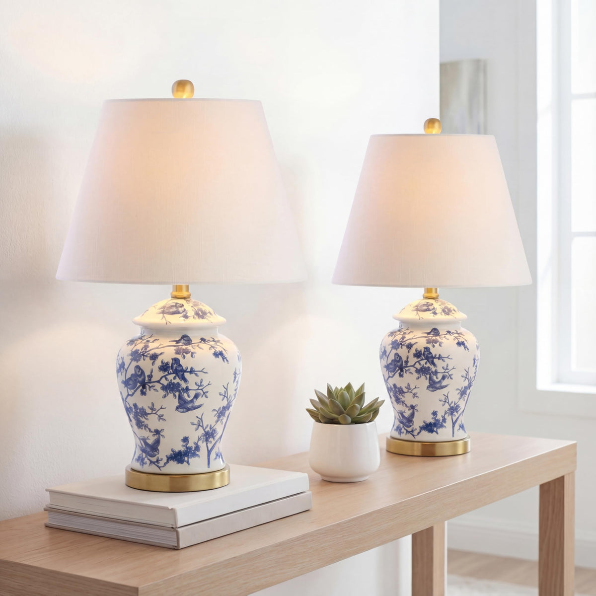 Ginger jar lamp shade closeup shows tapered linen shade for soft ambient lighting.