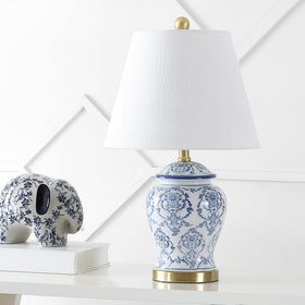 Close-up of JONATHAN Y hand-painted ceramic urn pattern on the lamp base.