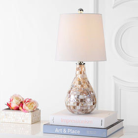 JONATHAN Y mother-of-pearl-mosaic-finish elevates bedside decor with a warm glow.