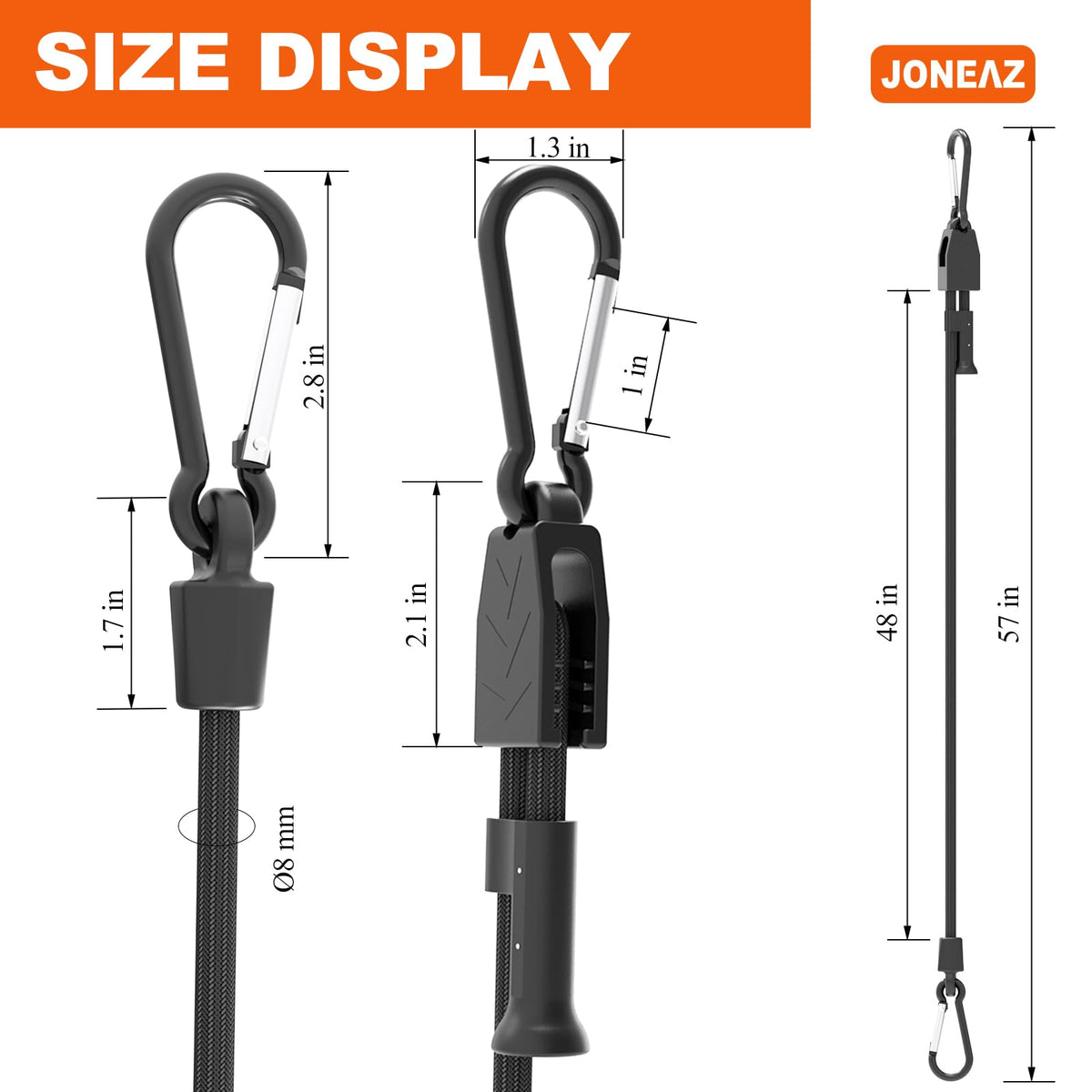 Joneaz slide-to-lock system demonstrates adjustable length for precise tension.